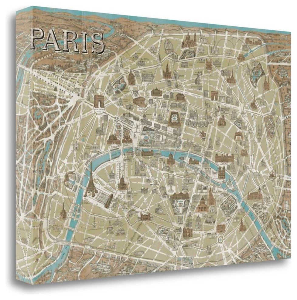 "Monuments Of Paris Map Blue" By Wild Apple Portfolio, Gallery Wrap Canvas