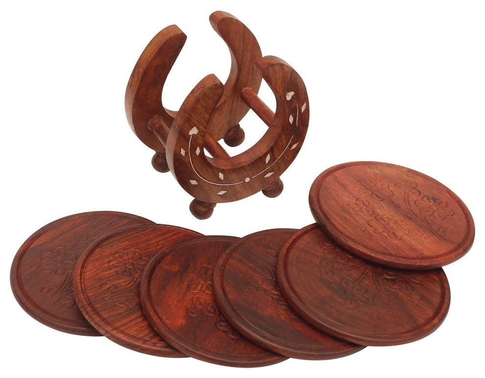 Retro Wooden Drink Coasters with Horseshoe Shaped Holder, Brown