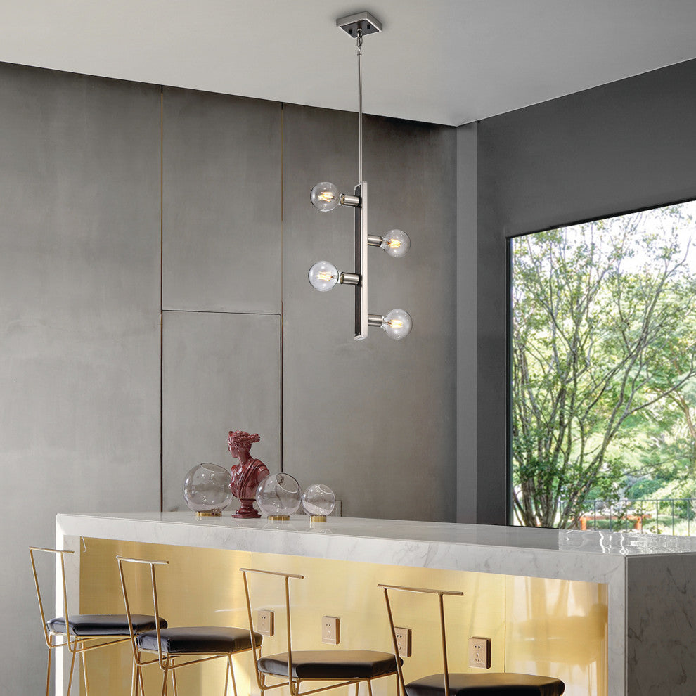 4-Light Brushed Nickel and Wood Finish Vertical Linear Industrial Pendant