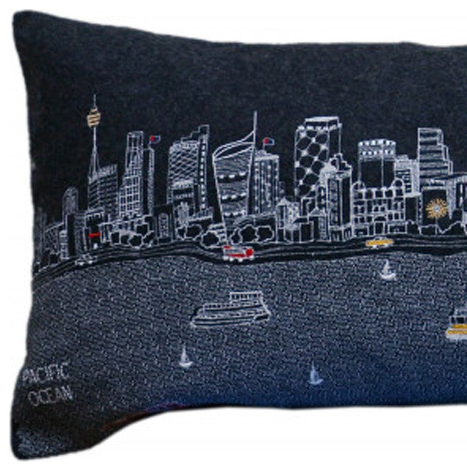 35" Black Sydney Nighttime Skyline Lumbar Decorative Pillow