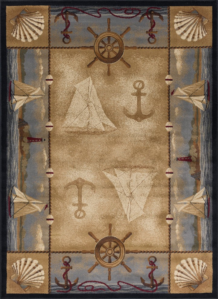 Seashore Nautical Novelty Lodge Pattern Beige Rectangle Area Rug, 5'x7'