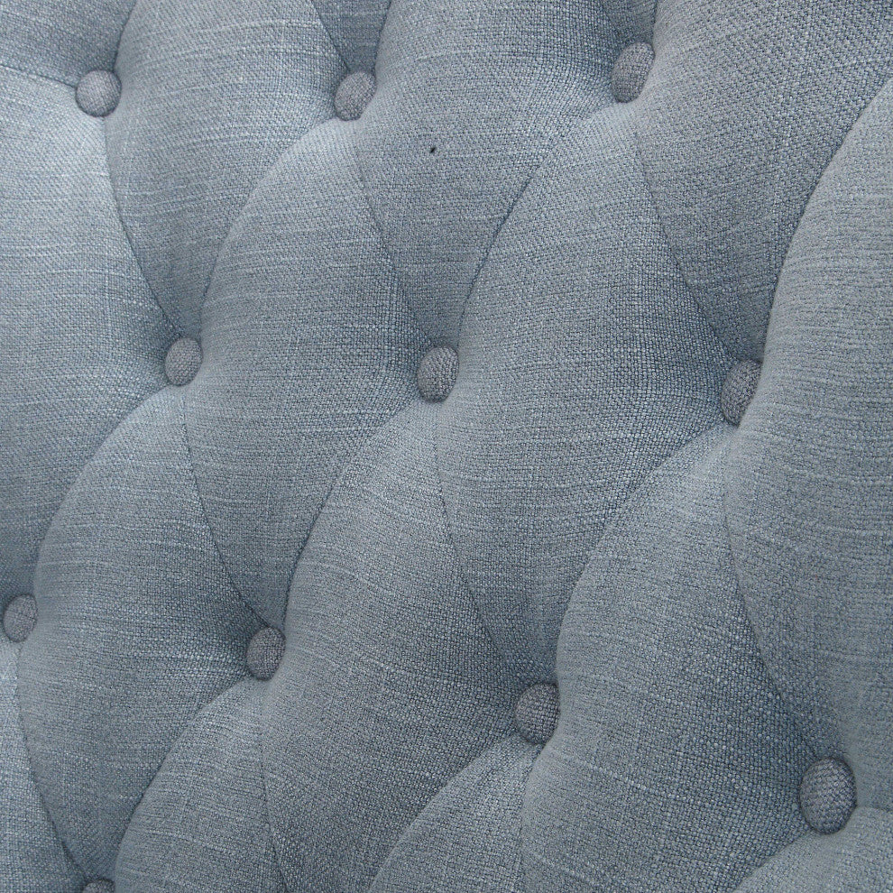 Elegant Curved Back Soft Blue Gray Wing Chair, Button Tufted Ring Pull Retro