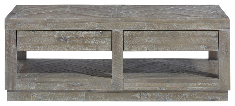 Modus Herringbone Solid Wood Two Drawer Coffee Table in Rustic Latte