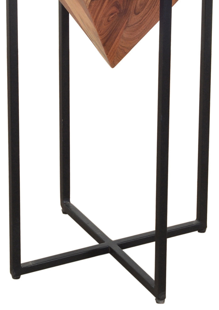 Pyramid Shape Wooden Side Table With Cross Iron Base, Brown and Black, 26 Inch