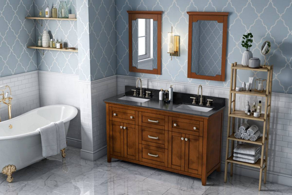 Chatham Traditional 60" Chocolate Double Sink Vanity, Black Granite Vanity Top