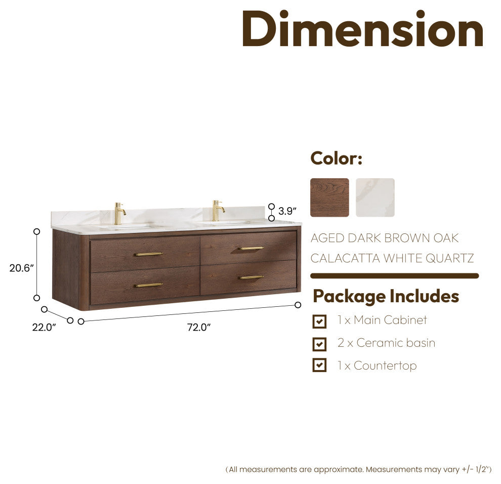 Cristo Floating Bath Vanity With Stone Top, Aged Dark Brown Oak, 72in., No Mirror