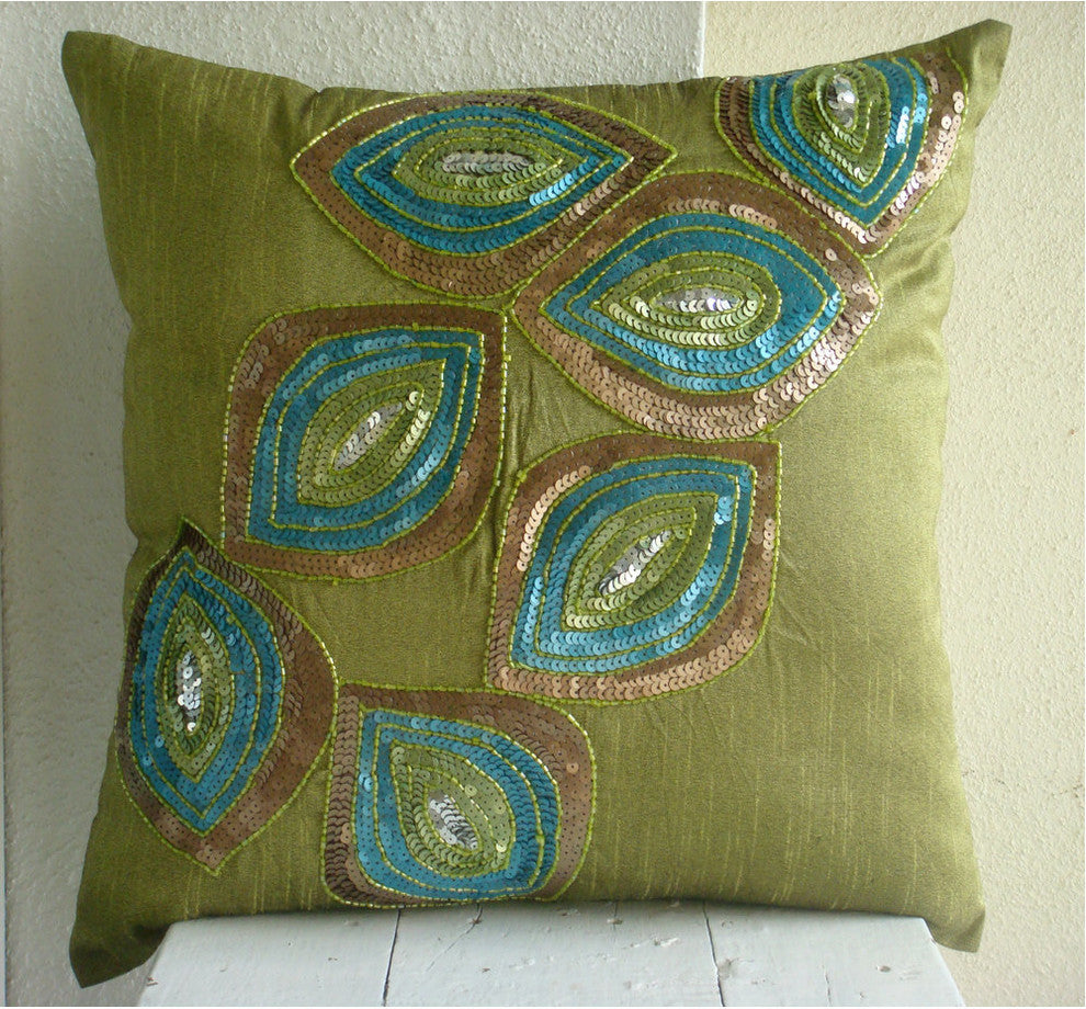 Green Art Deco Pillow Covers 20"x20" Throw Pillow Cover, Sequins Art Silk