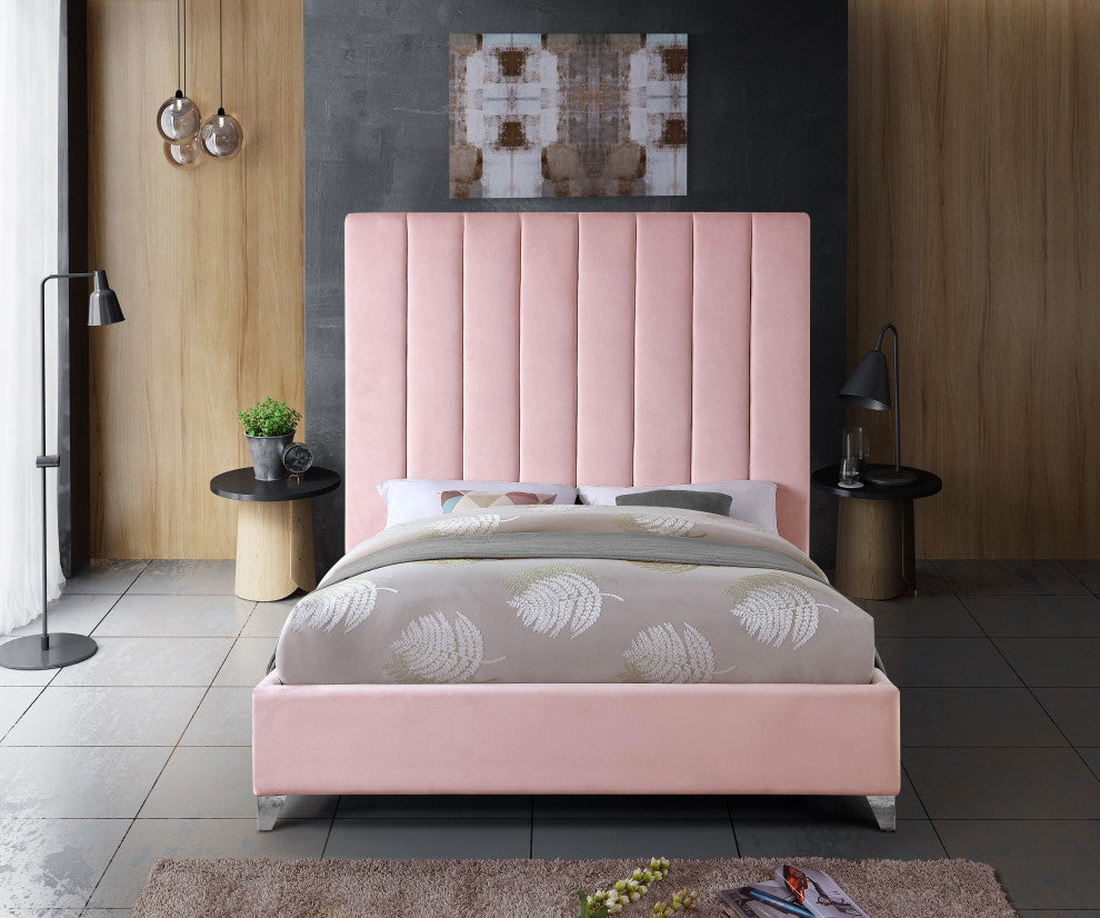 Via Velvet Upholstered Bed, Pink, King