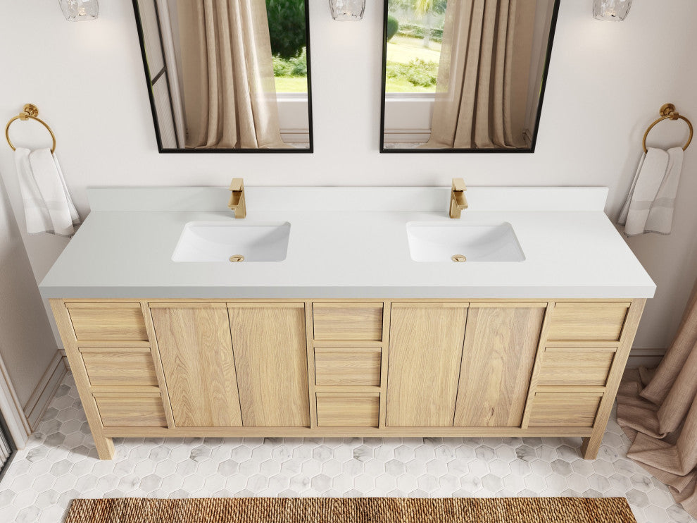 Elizabeth Oak 84" Double Sink Vanity, White 2" White Quartz