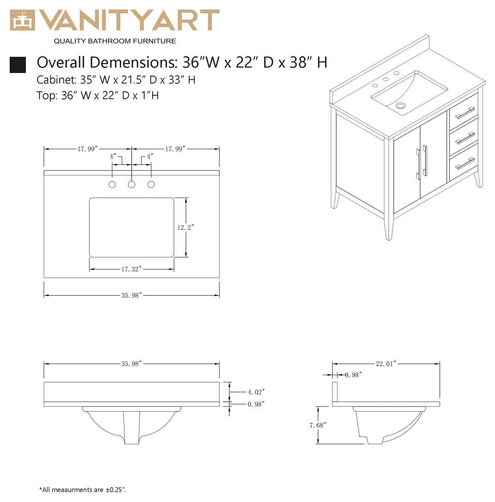Vanity Art Bathroom Vanity With Sink, White, 36", Single Sink, Brushed Nickel