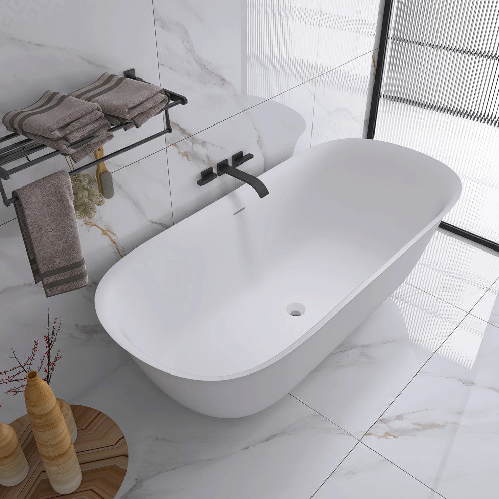67" Solid Surface Freestanding Soaking Bathtub, White