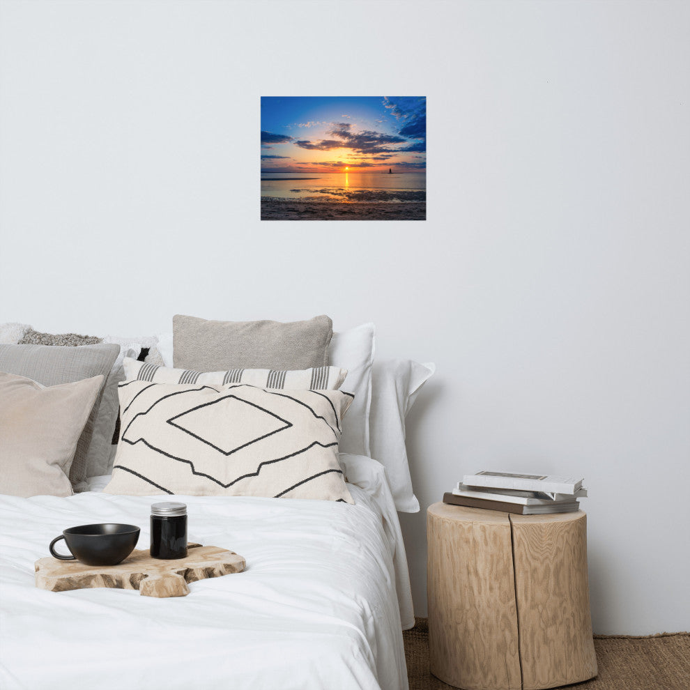 Sunset at Breakwater Lighthouse Coastal Landscape Unframed Wall Art Print, 18" X 24"