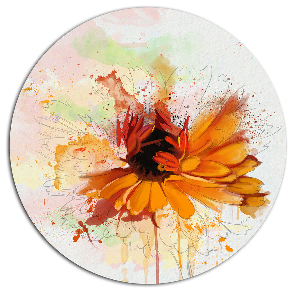 Sunflower Drawing With Paint Splashes, Floral Round Metal Wall Art, 11"