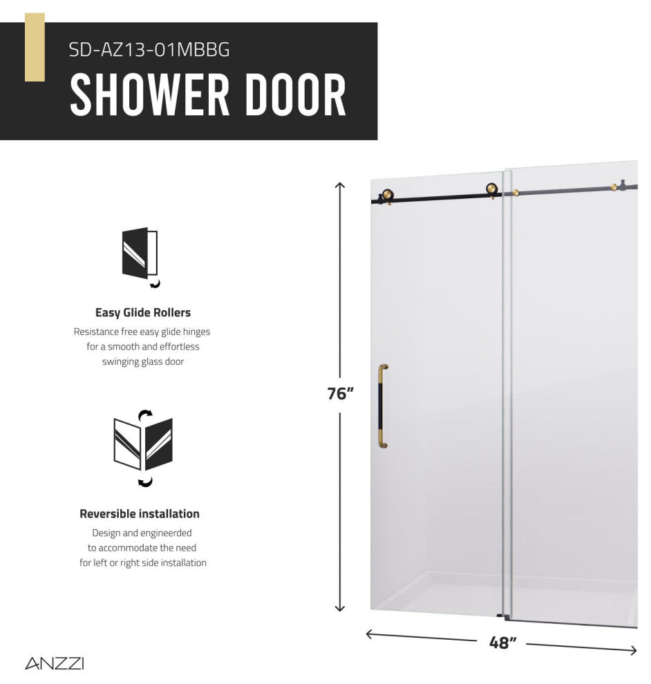 Madam 76-in. x 48-in. Frameless Sliding Shower Door, Matte Black/Brushed Gold