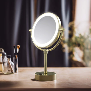 Circular LED Free Standing Magnifying Make Up Mirror, Brushed Gold