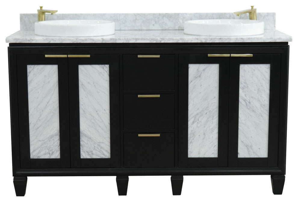 61" Double Sink Vanity, Black Finish With White Carrara Marble And Rou