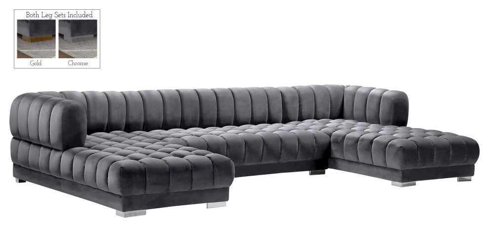 Gwen Biscuit Tufted Velvet Upholstered 3 Piece Sectional, Gray