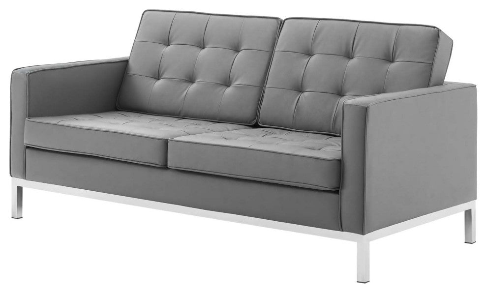 Tufted Armchair and Loveseat Sofa Set, Faux Leather, Silver Gray, Modern