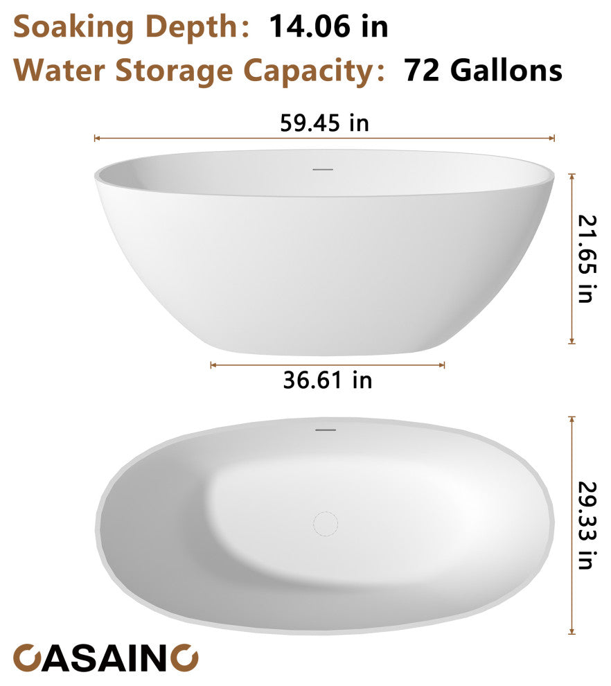 Freestanding Oval Solid Surface Stone Bathtub with Center Drain, Matte White, 59in