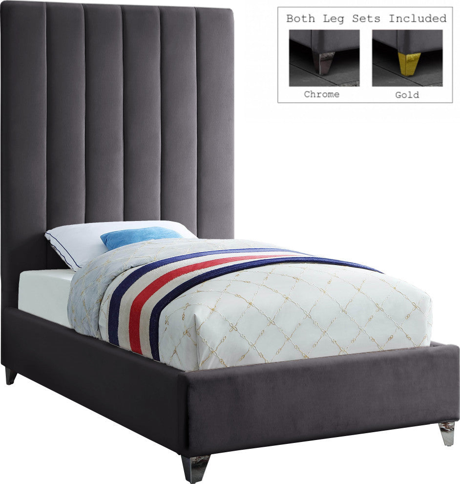 Via Velvet Upholstered Bed, Gray, Twin