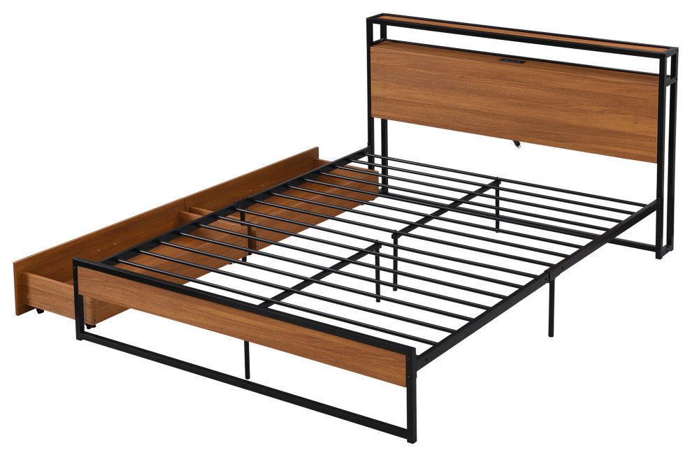 Full/Queen Metal Frame Wood Platform Bed with Two Drawers,Sockets and USB Ports,