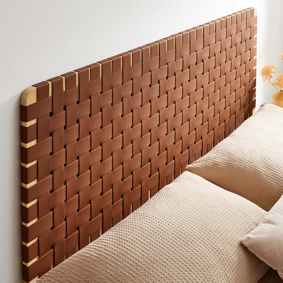 Sparta Weave Wall-Mount Vegan Leather Queen Headboard, Natural Brown
