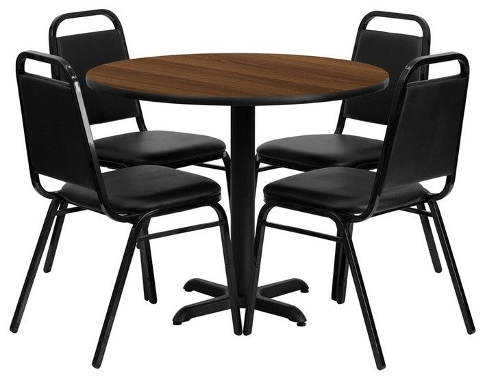 36'' Round Walnut Laminate Table, 4 Black Trapezoidal Back Banquet Chairs