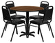 36'' Round Walnut Laminate Table, 4 Black Trapezoidal Back Banquet Chairs