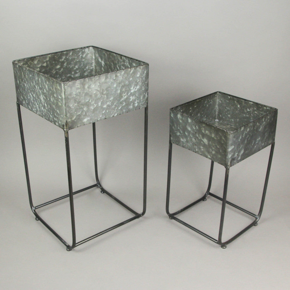 Set of 2 Galvanized Zinc Finish Square Metal Planters On Stands