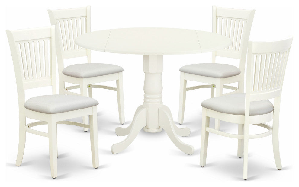 5Pc Kitchen Set 4 Chairs, Slatted Chair Back Drop Leaves Table Linen White