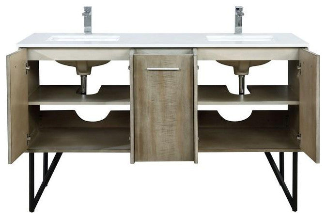Lancy Modern 60" Rustic Acacia Double Sink Bathroom Vanity, Labaro Rose Gold Fau