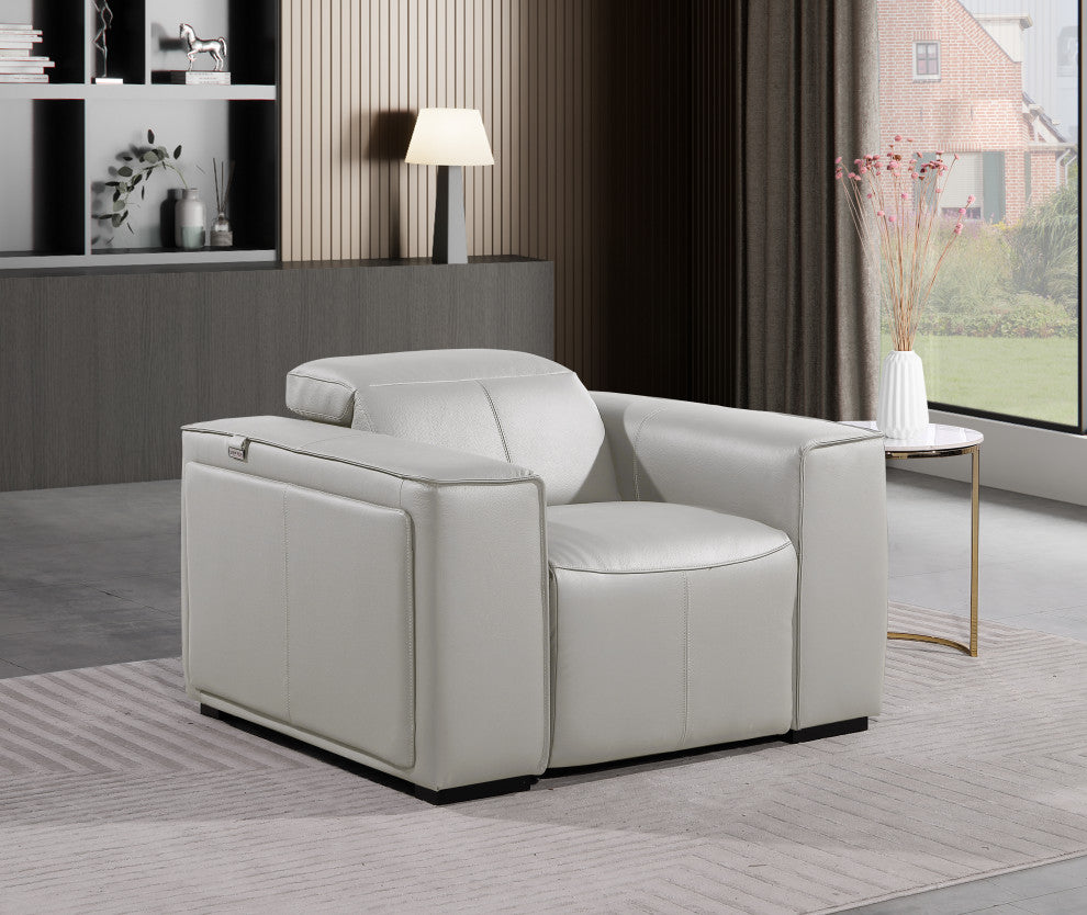 Niccolo Italian Leather Power Reclining Arm Chair With Headrests, Light Gray