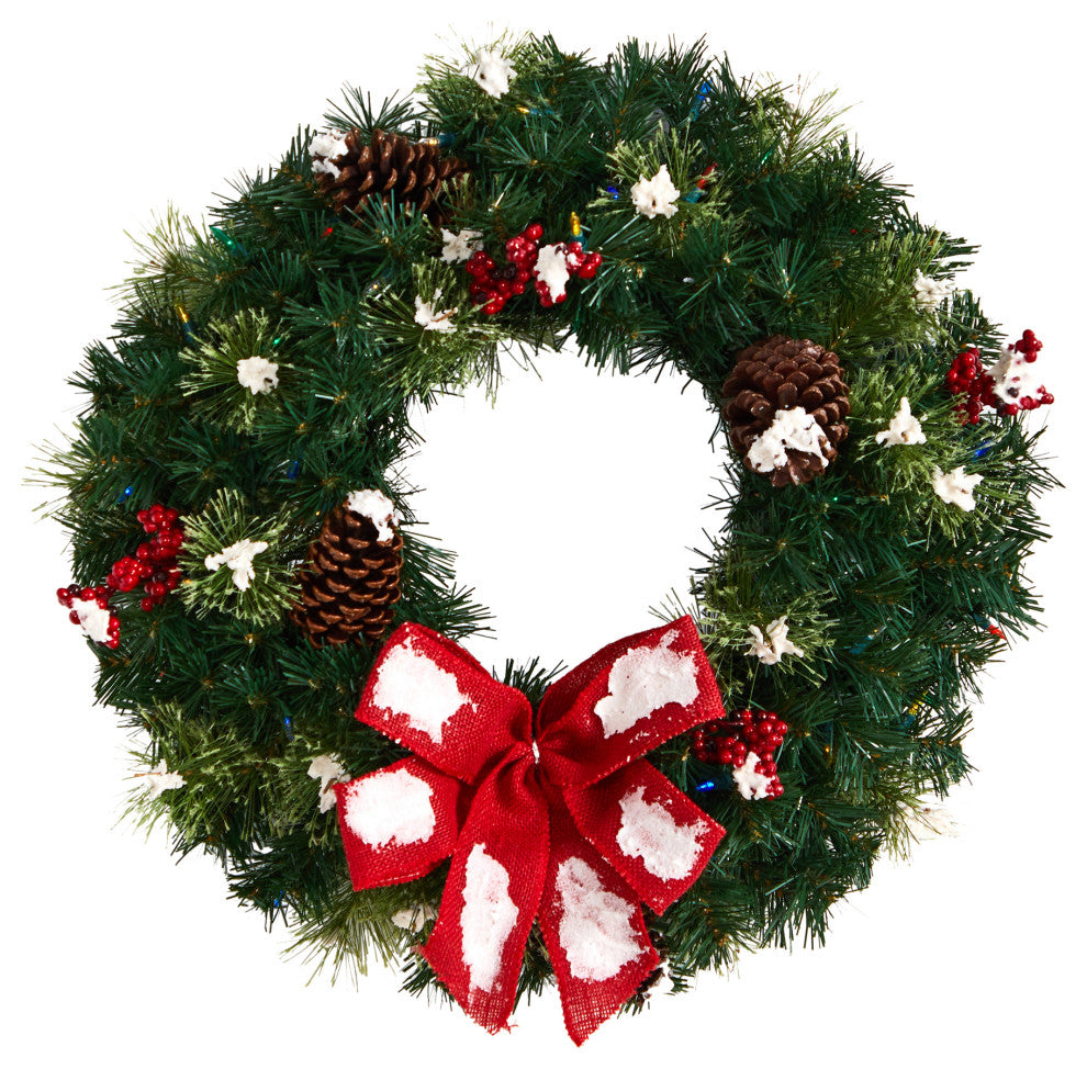 24" Snow Tipped Berry and Pinecone Faux Wreath With Bow and 50 LED Lights