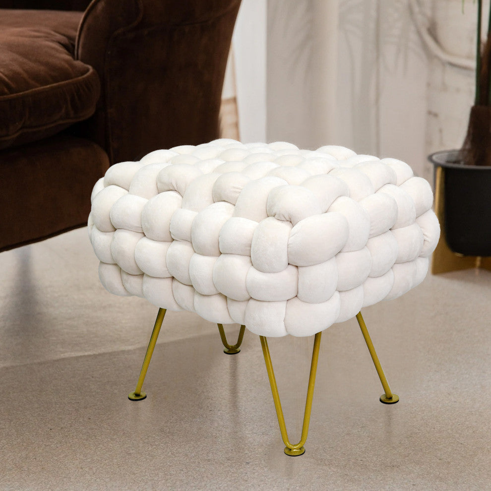 Velvet Pouf Stool Ottoman, Ivory, 27''x20''x20''