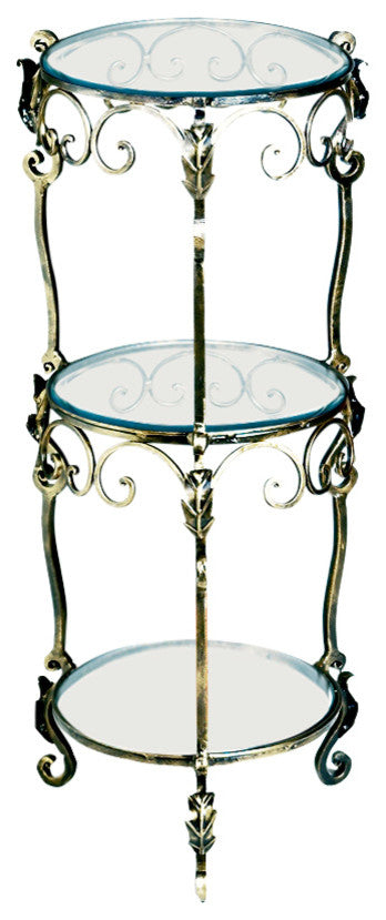 3 Tier Iron Acanthus Leaf Table With Beveled Glass, Bronze