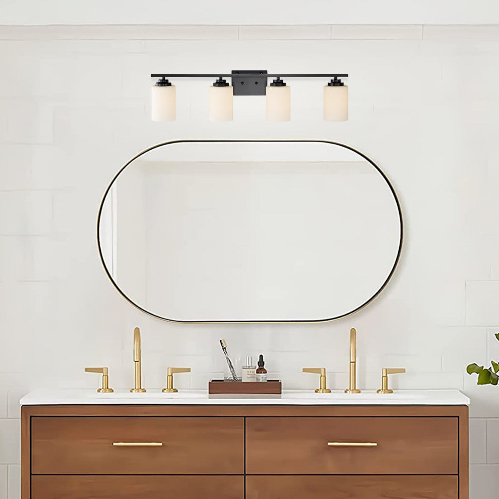 4-Light Matte Black Vanity With Etched White Glass Shades