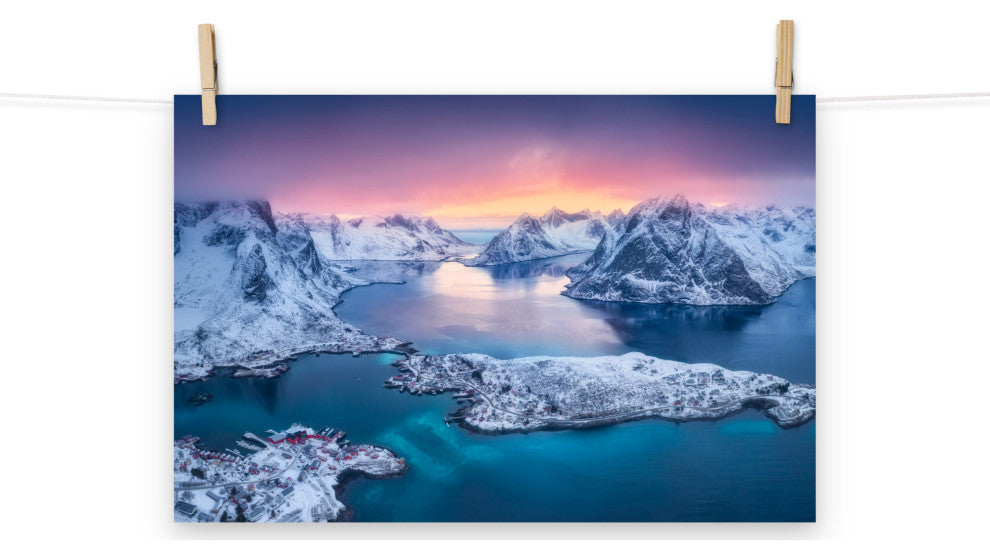 Reine at Winter Sunset Icy Mountain Landscape Photo Loose Wall Art Prints, 12" X 18"