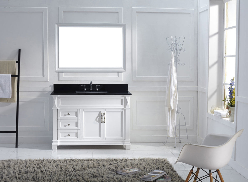 Virtu Victoria 48" Single Bathroom Vanity, White, Black Granite Top, Mirror