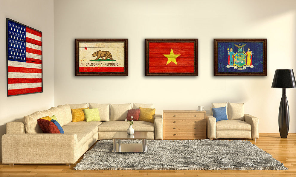 Vietnam Country Textured Flag Print With Brown Gold Frame, 15"X21"