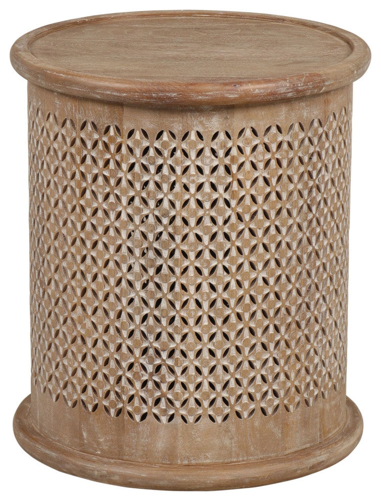 Sumter 17"Diameter Mango Wood Drum Side Table, Brown/White