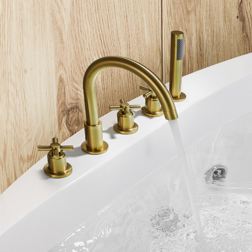 Sorlia Cross Handles Deck-Mount Roman Tub Faucet With Handshower, Brushed Gold