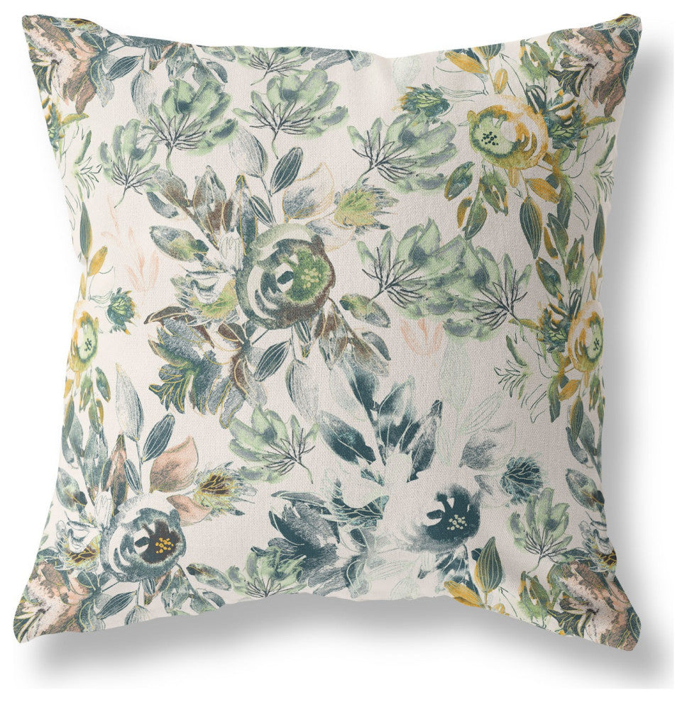 20" White Green Florals Indoor Outdoor Zippered Throw Pillow