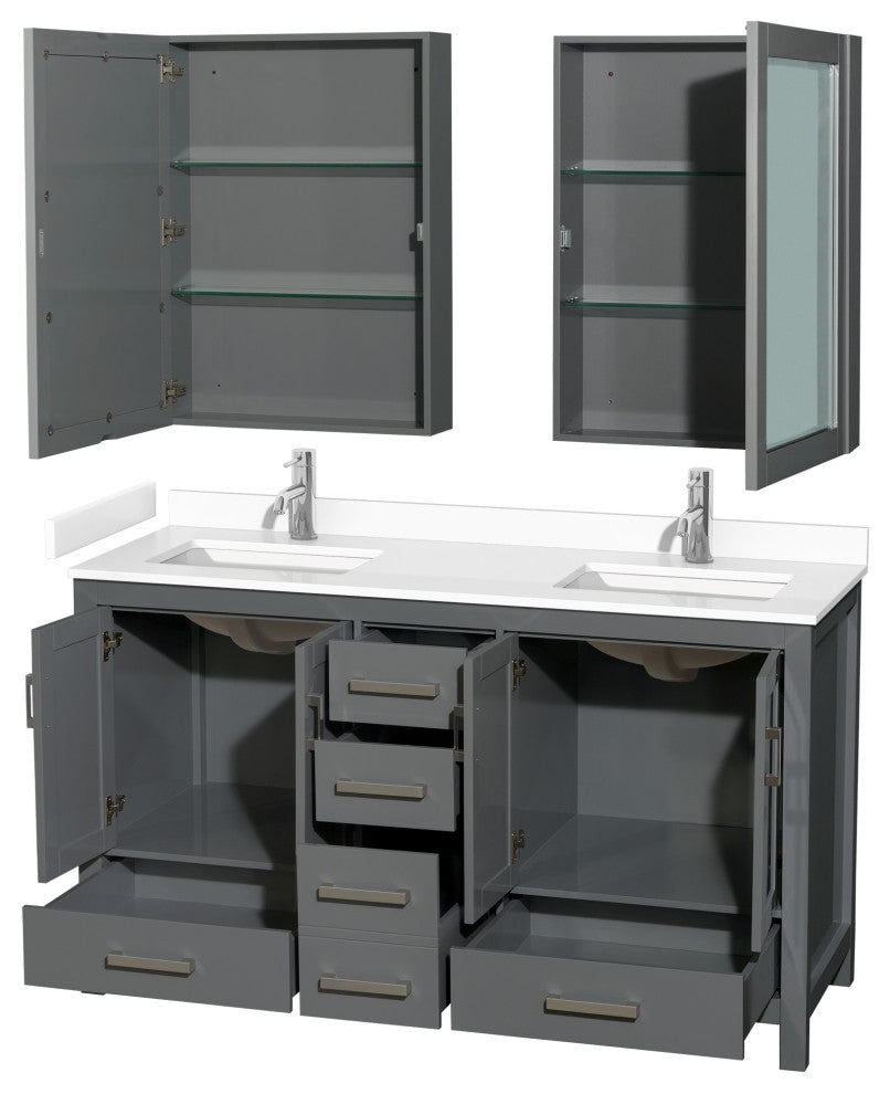 60"DBL Vanity Dark Gray, White Cult. Marble Countertop, Sinks, Med. Cabinets