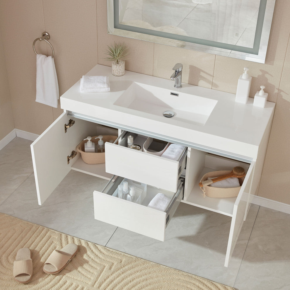 Vanity Art Wall-Hung Single-Sink Bathroom Vanity With Resin Top, 48"