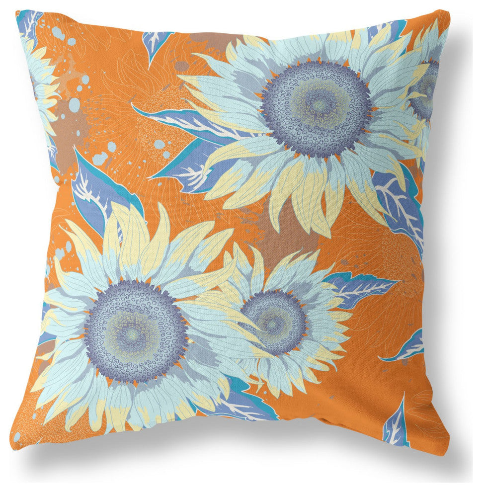 18" Orange Blue Sunflower Indoor Outdoor Zippered Throw Pillow