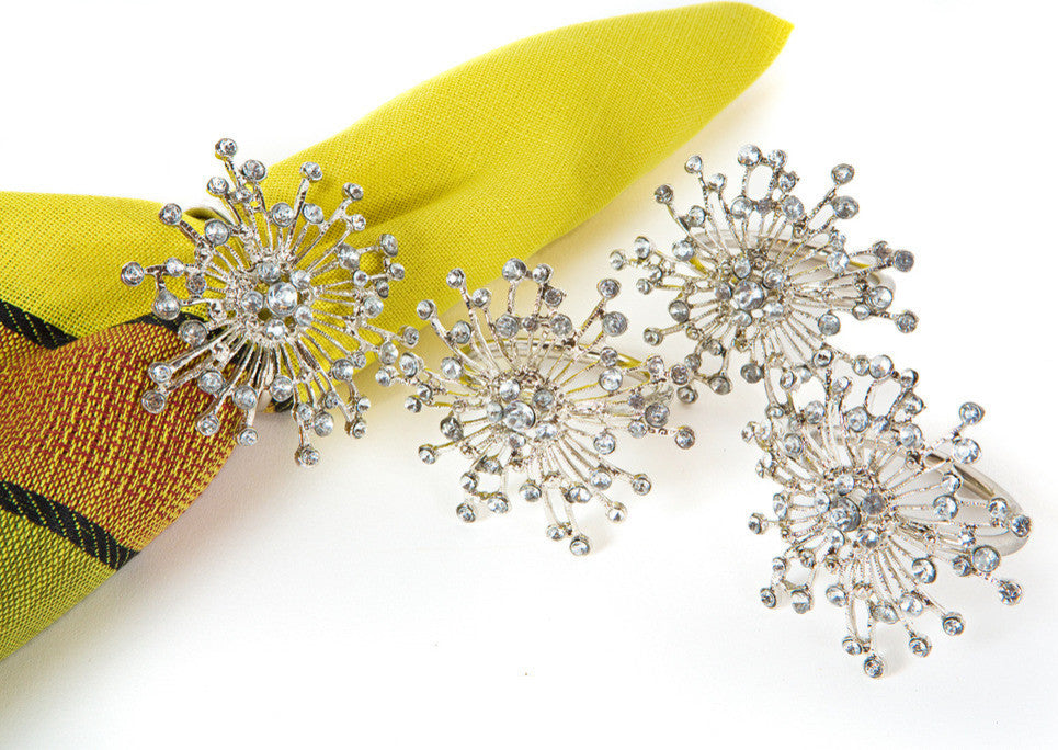 Snowflake Holiday Elegant Jeweled Metal Napkin Rings, Silver, Set of 4