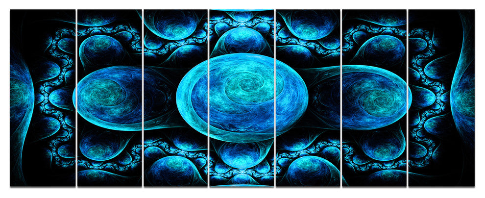 Blue Exotic Pattern on Black, Abstract Art on Canvas, 83"x32", 7 Panels