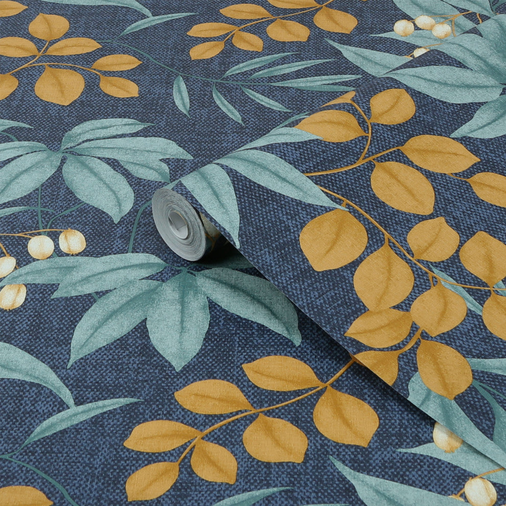 Superfresco Easy Persephone Wallpaper, Navy and Ochre