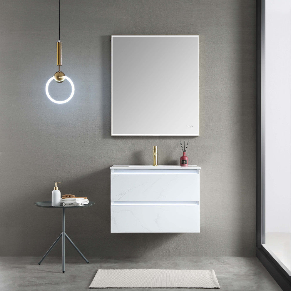 LED Lighted Bathroom Vanity With Ceramic Sink and Dimmed Light, Calacatta White, 30"