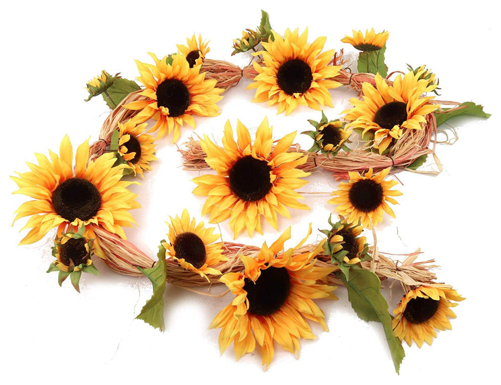 Silk Sunflower Garland Raffia 6' W 17 flowers Indoor Outdoor Fall Decor Pack 6